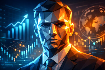 The Visionary: A striking digital artwork presents a sharp-angled portrait of a determined professional. Complex patterns, data charts, and global maps form a dynamic backdrop, showcasing dedication.