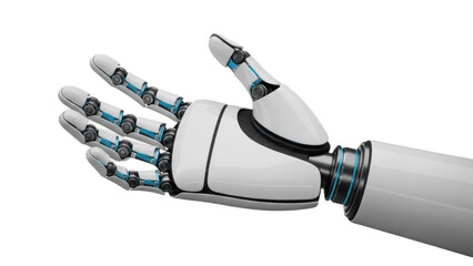 Clean white robotic hand with articulated blue-jointed fingers and cylindrical forearm housing, designed as a versatile general-purpose manipulator for service robots and advanced prosthetics

