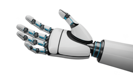 Clean white robotic hand with articulated blue-jointed fingers and cylindrical forearm housing, designed as a versatile general-purpose manipulator for service robots and advanced prosthetics

