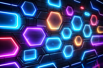 Illuminated Hexagons: An abstract design showcases a futuristic display of luminous, geometric hexagons and rectangles, radiating a captivating glow, perfect for backgrounds and tech themes.