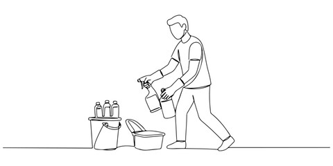 Continuous one line drawing of a person refilling cleaning supplies, symbolizing readiness and care, line art style vector illustration.