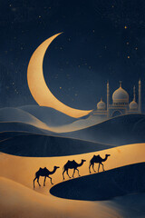 Serene Night Scene with Glowing Golden Crescent Moon