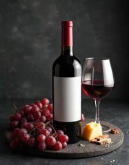 Obraz premium Red wine bottle with blank label rests near glass of wine. Bunch of grapes and cheese slices arranged on dark surface. Product mockup for branding wine.