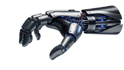 Futuristic titanium robotic hand with articulated fingers, cybernetic joints and exposed cabling, advanced bionic prosthetic arm concept for next-generation human–machine integration

