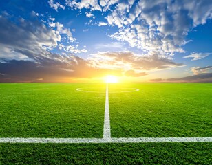 Obraz premium Vast soccer pitch bathed in sunlight, with dramatic cloudy sky