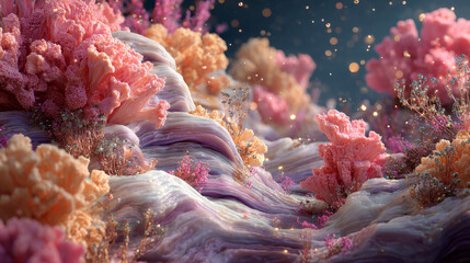 surreal underwater seafloor, dreamy pastel coral reef environment