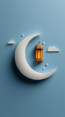Eid Celebration Crescent Moon and Lamp Composition
