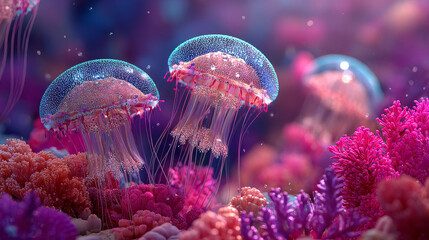 A number of tiny, sparkling jellyfish swimming among colorful coral reefs