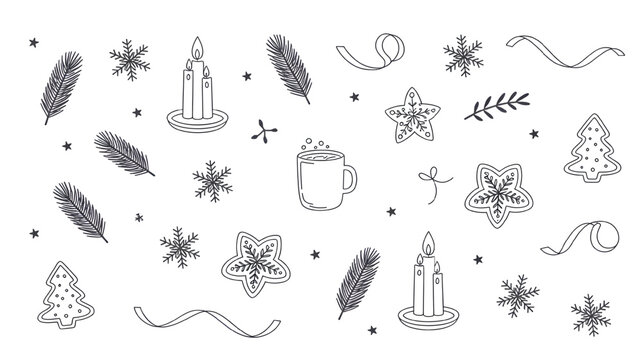 Hand drawn Christmas elements in minimalist style with monochrome color on white background for festive decoration