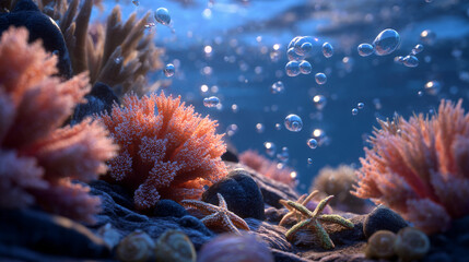 A breathtaking close-up underwater scene with vibrant coral formations in rich orange