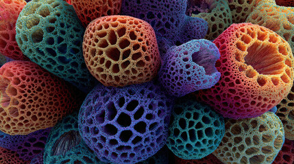 a top view of a species of coral with a cross between coral and reef, with vibrant colors throughout the structure