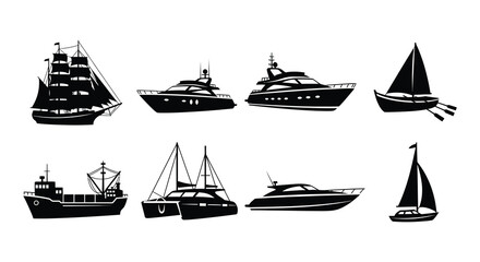 Variety of black silhouette boats and ships sailing on wavy water © MdNirob