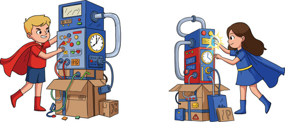 Cartoon superhero kids with cardboard machines, imaginative play invention artwork, creative STEM superhero illustration, children mascot design, fantasy science adventure