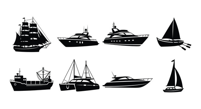 Variety of black silhouette boats and ships sailing on wavy water