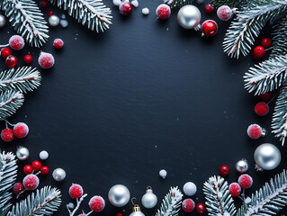 Frosted christmas fir branches and red berries with silver ornaments on a dark background