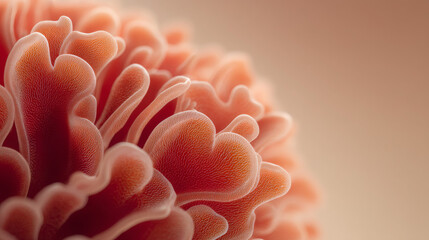 Close-up of a soft red microorganism shown against a pale cream-to-peach gradient backdrop.