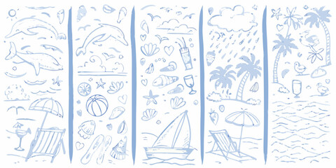 A collection of hand drawn summer themed doodles in light blue tones © Rathindranath
