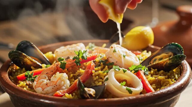 Close up of a seafood dish with mussels shrimp and calamari