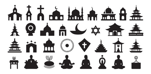 Fototapeta premium Religious building and symbol collection featuring churches mosques temples and spiritual figures vector illustration