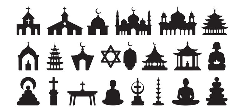 Set of religious buildings and symbols including churches mosques temples and meditating figures vector illustration
