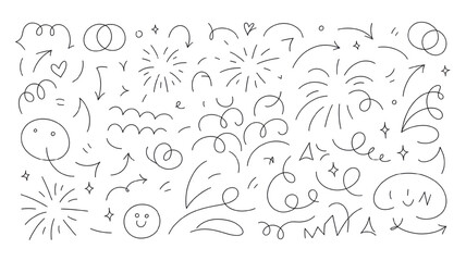 Doodle Elements Set in Simple Line Art Style with Minimalistic Design in Black and White for Graphic Design
