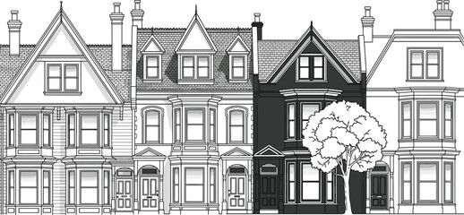 Victorian houses, architectural row, ornate design, gabled roofs, bay windows, decorative trim, urban housing, shaded contrast, residential style, heritage facade