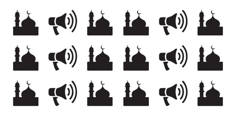 Three rows of mosque silhouette icons with crescent and star alternating with megaphone sound icons on white background