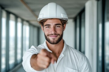 Male Engineer in Hard Hat Pointing Forward, Confident Look, Construction Site Interior