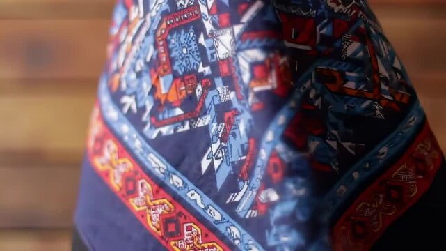 A detailed image of a patterned scarf in shades of blue, red, and orange
