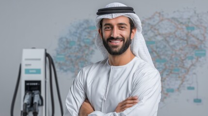 Arab Man in Traditional Dress Posing Near Ev Charging Station with World Map Background