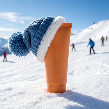 Orange sunscreen tube wearing blue knit winter hat in snowy mountains