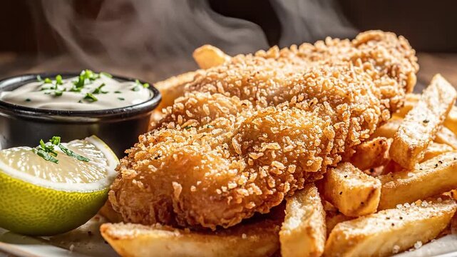 Close up of fish and chips with sauce and lemon on a plate