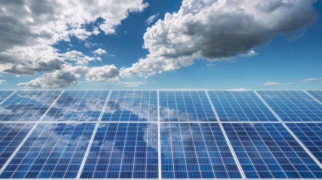 time-lapse of solar panels under a bright blue sky with fluffy white clouds, reflecting clean energy and sustainable technology.