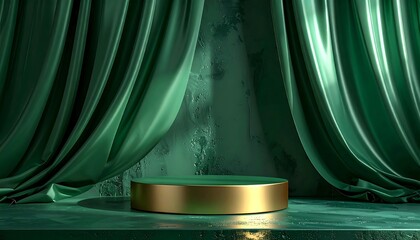 Elegant Gold Podium with Lush Green Velvet Drapes.