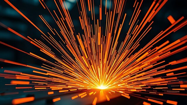Abstract close-up of orange sparks radiating from an industrial metal surface.