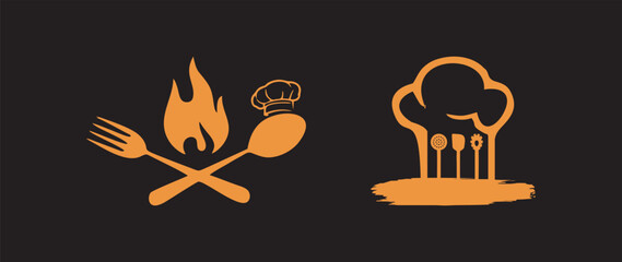 Kitchen chef restaurant logo design, Barbecue vintage logo concept. grill tool with fire flame stamp template. Vector illustration, set of cooking logo template