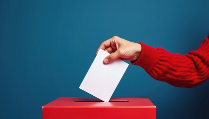 Hand casts blank ballot into red box. Blue background represents vote, civic duty, and election process. Person participates in democratic action.