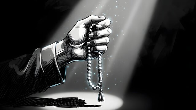 Dramatic Sketch of Hand Holding Prayer Beads under Divine Light
