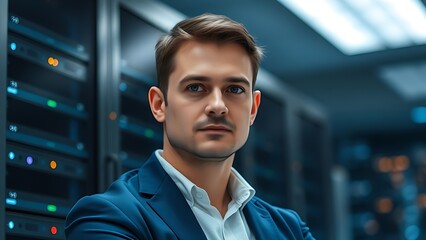 Tech professional in smart casual attire, focused in a server room with cool-toned LED accents in the background.