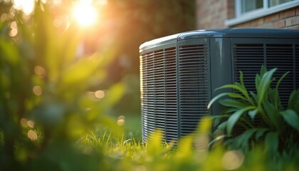 Outdoor residential air conditioning unit on grass near house. Warm sun light shines on HVAC equipment cooling home. Green plants frame device.