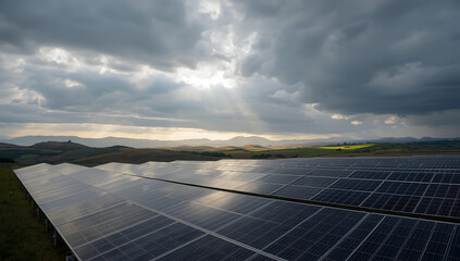 Solar panels spread across rolling countryside landscape under dramatic sky, representing renewable energy, sustainability, clean power production, environmental responsibility, and modern green techn