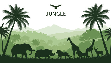 Silhouette of various African animals including an elephant, rhino, lion, giraffes, and deer against a lush jungle backdrop with palm trees and mountains. © Junior