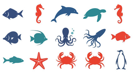 A collection of colorful marine animal silhouettes including fish, seahorses, dolphins, turtles, octopuses, squids, crabs, starfish, and penguins. © Junior