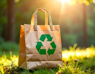 Eco-friendly brown paper bag with recycling symbol in a sunny green space