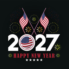 Happy New Year 2027 Bright Elegant calligraphy Text Letter for USA Vibe. Abstract Sparkle Fireworks Greeting Card Design with USA Flag and 2027 Typography Text