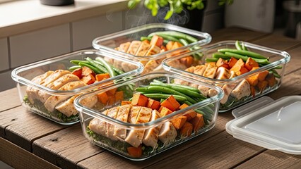 Healthy Meal Prep Containers on Wooden Table.