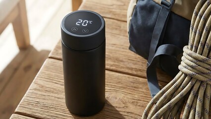 Modern black smart water bottle with digital temperature display on a rustic wooden table next to a backpack