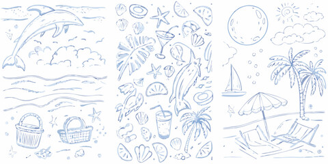 Obraz premium Sketch collection of marine life tropical scenes and summer vacation elements