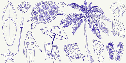 A charming sketch featuring a sea turtle and various beach themed doodles © Rakesh