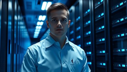 Technical expert in uniform standing before server racks in a futuristic data center with cool blue lighting.